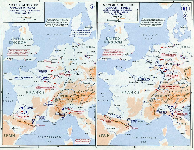 Eine historische Posterkarte von Europa während der Schlacht von Leipzig, unterteilt in Abschnitte für Europa und Frankreich, mit beschrifteten Regionen und Konflikt-details.