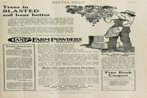 Eine alte Werbung für Giant Farm Powders mit einem Mann, der einen Baum hält, und Text, der das Produkt und seine Vorteile beschreibt.