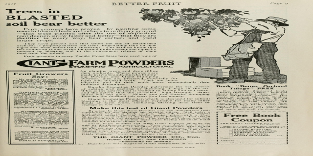 Eine alte Werbung für Giant Farm Powders mit einem Mann, der einen Baum hält, und Text, der das Produkt und seine Vorteile beschreibt.