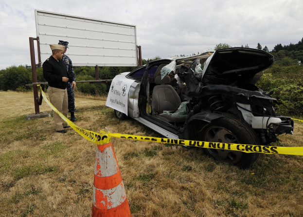 Polizist in Uniform neben einem schwer beschädigten Auto am Straßenrand mit eingedellter Haube und zersplitterten Fenstern, neben einer Verkehrskegel und einem bandagierten Pfahl, mit Bäumen und einem bewölktem Himmel im Hintergrund.