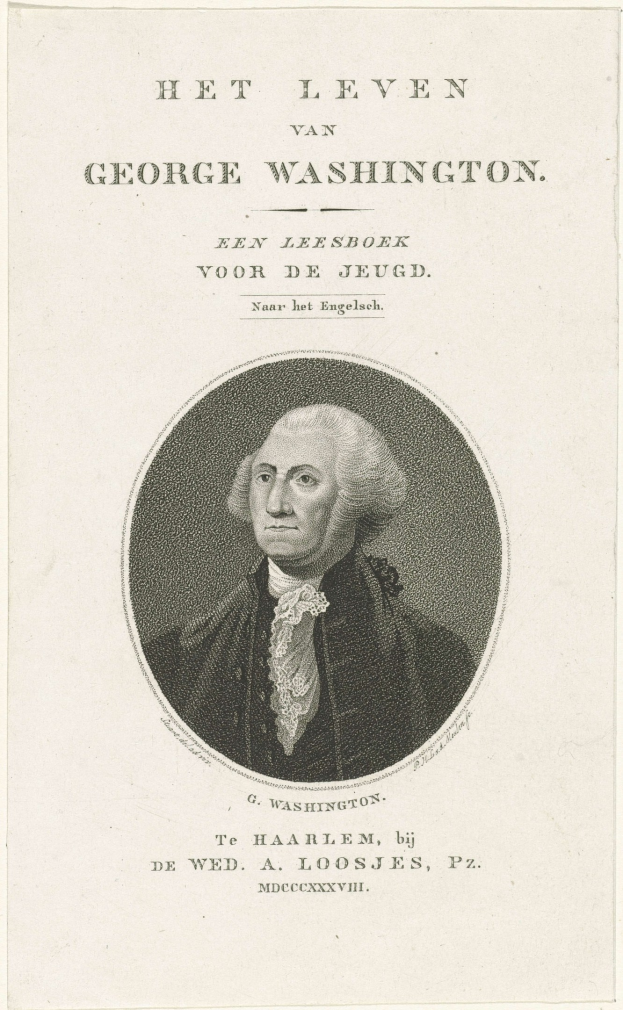 Porträt von George Washington auf Papier mit Text, der nach vorne schaut und einen ernsten Ausdruck hat, trägt Anzug und Krawatte.