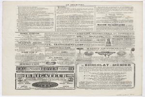 Eine alte Zeitung mit verschiedenen Anzeigen mit Text und Bildern.