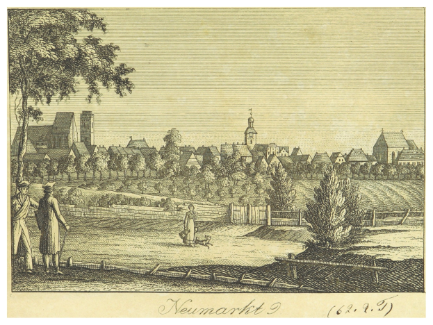 Eine Zeichnung einer Stadtlandschaft mit Menschen im Vordergrund, umgeben von Bäumen, Gebäuden und einem Zaun, mit Text unten.