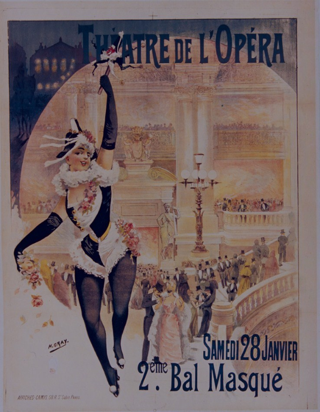 Plakat für das Théâtre de l'Opéra in Paris mit einer zentralen Frau, umgeben von einer Menge, Laternen und einem Gebäude sowie einem Text-Overlay.