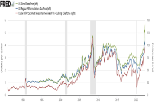 Liniengraph, der die US-Dieselverkaufspreistrends von 1990 bis 2020 mit mehreren farbigen Linien auf einem weißen Hintergrund zeigt.