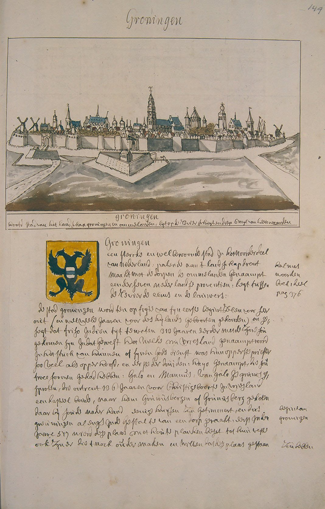 Offenes Buch mit einer Stadtansicht-Zeichnung von Groningen, Niederlande, mit Text und Logo.