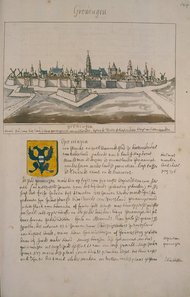 Offenes Buch mit einer Stadtansicht-Zeichnung von Groningen, Niederlande, mit Text und Logo.