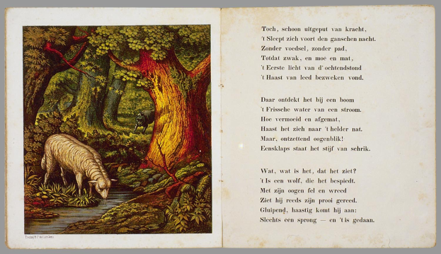 Offenes Buch mit einer Illustration eines Schafs, das in einem bewaldeten Gebiet grast, umgeben von Bäumen, Pflanzen und Wasser, mit Buchtext auf der rechten Seite, der den Titel "Die Geschichte des Schafs" trägt.