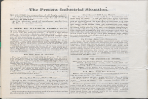 Ein aufgeschlagenes Buch mit dem Titel "Die gegenwärtige industrielle Situation" auf schwarzem Hintergrund.