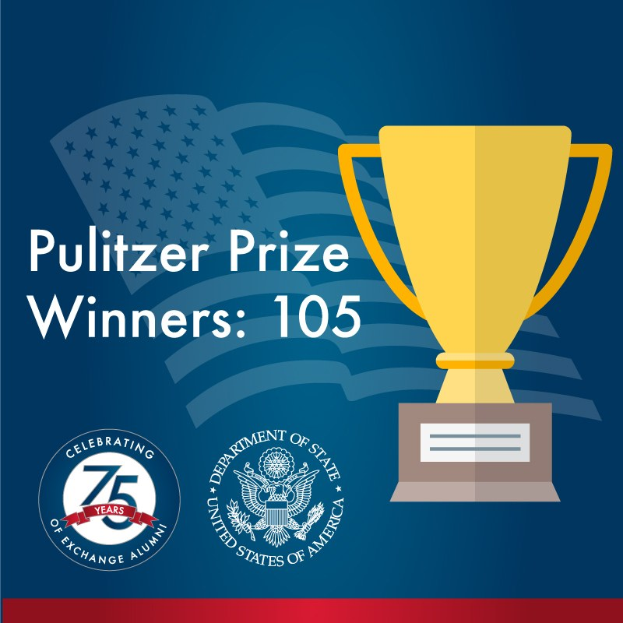 Ein Plakat mit dem Titel "Pulitzer-Preis-Gewinner 105", das ein zentrales Pokalsymbol und Text und Logos zeigt.