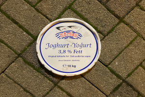 Ein Teller Joghurt mit Text darauf, der auf einem Ziegelsteinweg steht.