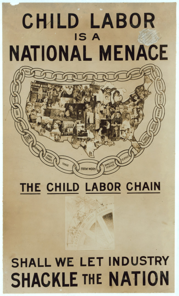 Plakat mit der Aufschrift "Kindera(r)beit ist eine nationale Bedrohung - Sollen wir die Industrie das Land fesseln lassen" in fetter schwarzer Schrift auf weißem Hintergrund, das eine vielseitige Gruppe von Menschen zeigt, die gemeinsam stehen.
