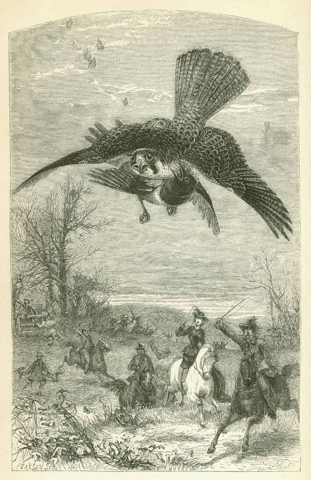 Radierung aus dem Jahr 1876 mit dem Titel 'Die Greifvögel' zeigt einen Wanderfalken im Flug über Menschen zu Pferd mit Bäumen im Hintergrund.