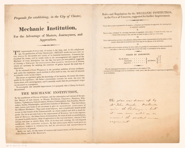 Offenes Buch mit dem Titel "Mechanische Institution, zum Vorteil von Meistern, Gesellen und Lehrlingen", likely a proposal for establishing a mechanical institution.