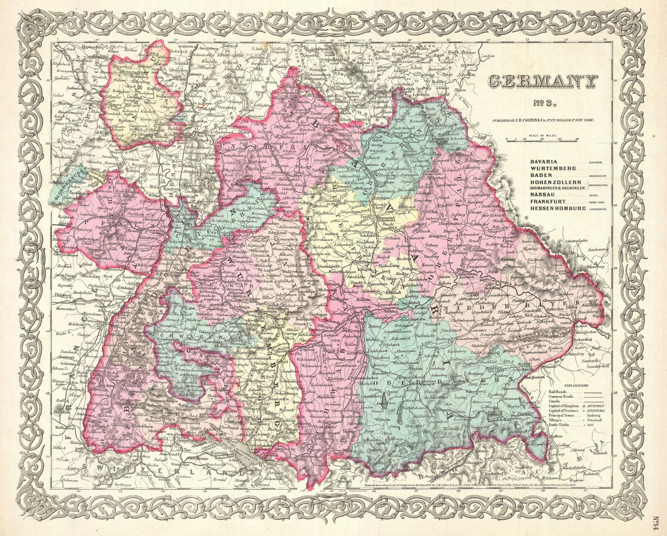 Alte Deutschlandkarte auf Papier, zeigt die Provinzen Bayern, Baden-Württemberg und Baden mit detaillierten regionalen Texten.