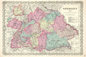 Alte Deutschlandkarte auf Papier, zeigt die Provinzen Bayern, Baden-Württemberg und Baden mit detaillierten regionalen Texten.