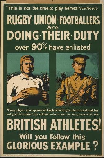 Ein Plakat mit zwei Rugbyspielern in Uniform, mit Text, der über 90% der britischen Athleten informiert.