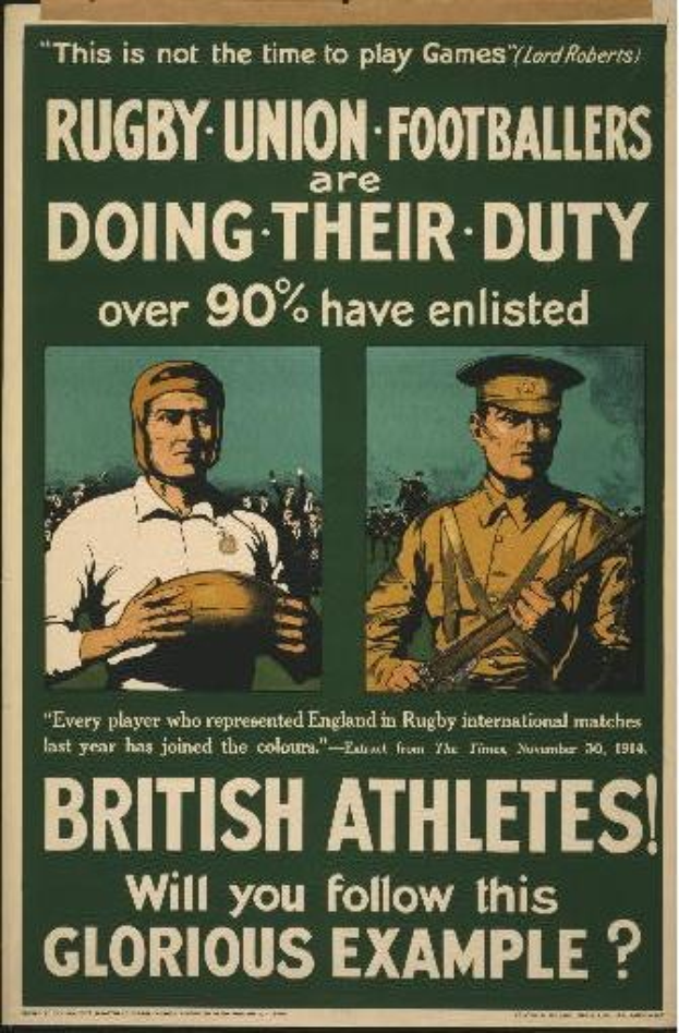 Ein Plakat mit zwei Rugbyspielern in Uniform, mit Text, der über 90% der britischen Athleten informiert.
