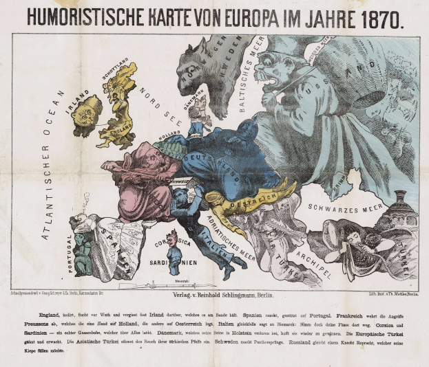 Plakat mit der Aufschrift "Humoristische Karte von Europa im Jahre 1870", das eine zentrale Europakarte mit Cartoon-Illustrationen und Text zeigt.
