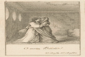 Eine Gravur eines Mannes und einer Frau, die sich in einem Raum umarmen, mit dem Text 'O mein Bruder' unten, ihre Gesichter nah beieinander und die Arme umeinander geschlungen, mit weichem Licht von einem Fenster auf die Szene.