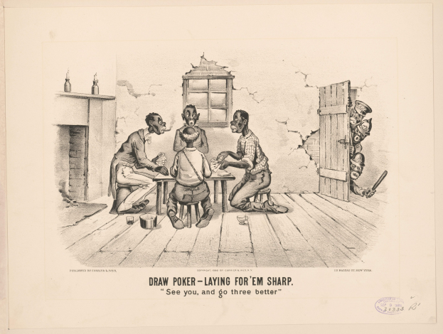 Eine Gruppe von Menschen sitzt um einen Tisch und spielt Poker mit einer Wand, einem Fenster, einer Tür und verschiedenen Gegenständen im Hintergrund, mit Text unten, der "Draw Poker - Laying for 'em Sharp" lautet.