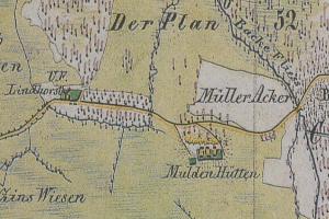 Eine detaillierte alte Karte einer Stadt mit zahlreichen Gebäuden, Straßen, Sehenswürdigkeiten und Texten, die Informationen über die Bevölkerung, Straßen und Sehenswürdigkeiten der Stadt liefern.