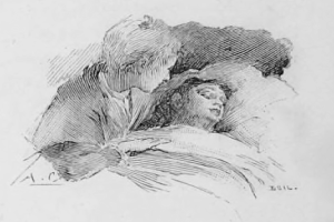 Eine Schwarz-Weiß-Zeichnung eines Mannes in einem Anzug und einer Frau mit geschlossenen Augen auf einem Bett liegend, wobei der Mann seinen Arm um ihre Schulter gelegt hat und unten ein Text steht.