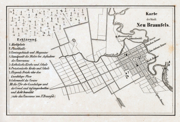 Detailiertes altes Stadtplan von Neu-Braunfels, Deutschland, zeigt Straßen, Gebäude und Sehenswürdigkeiten mit handgeschriebener Text.