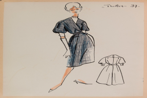 Eine Zeichnung einer Frau in einem Kleid im Stil der 1960er Jahre mit einem Kragen, langen Ärmeln und einemrock mit Falten, die mit ausgestreckten Armen und leicht geneigtem Kopf steht, mit dem Text «1960er Jahre» auf dem Papier.