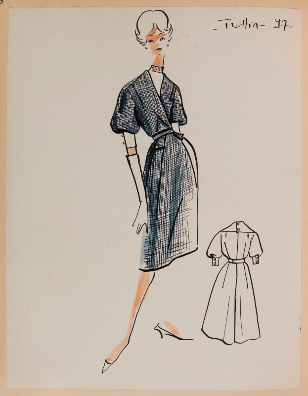 Eine Zeichnung einer Frau in einem Kleid im Stil der 1960er Jahre mit einem Kragen, langen Ärmeln und einemrock mit Falten, die mit ausgestreckten Armen und leicht geneigtem Kopf steht, mit dem Text «1960er Jahre» auf dem Papier.