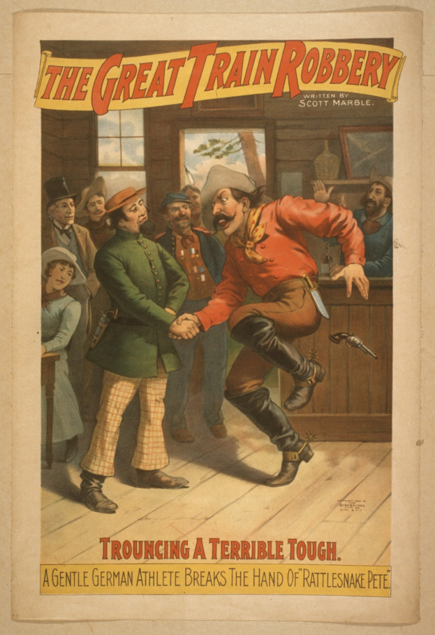 Plakat zeigt eine Gruppe von Menschen mit einem, der eine Waffe hält, ein Fenster und eine Wand im Hintergrund und Text, der "Der große Zugraub - Trouching ein schreckliches Tough" an der Ober- und Unterseite liest.