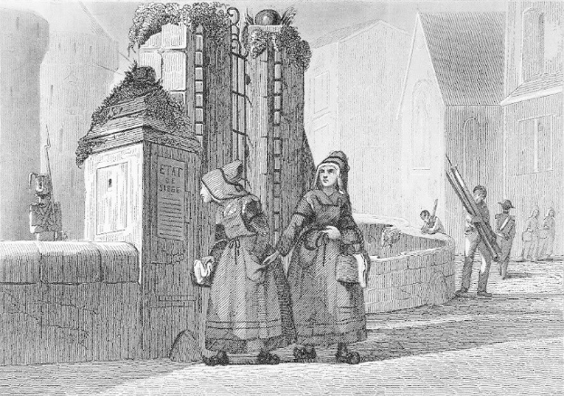 Schwarz-weißes Gravur Von Zweien Frauen, Die Vor Einem Gebäude Stehen, Mit Anderen Leuten Im Hintergrund Und Text Lesend "Victorianische Frauen In Der Stadt London" Unten.