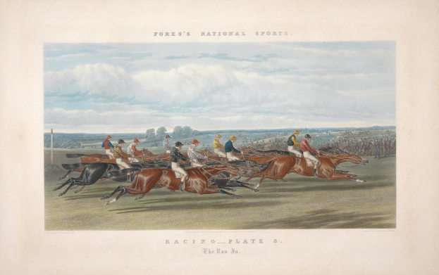 Gemälde einer Gruppe von Menschen, die auf Pferden auf einer Rennbahn reiten, mit Bäumen im Hintergrund und Wolken am Himmel, mit dem Text "Rennplatten 3: Der Lauf 3" unten.