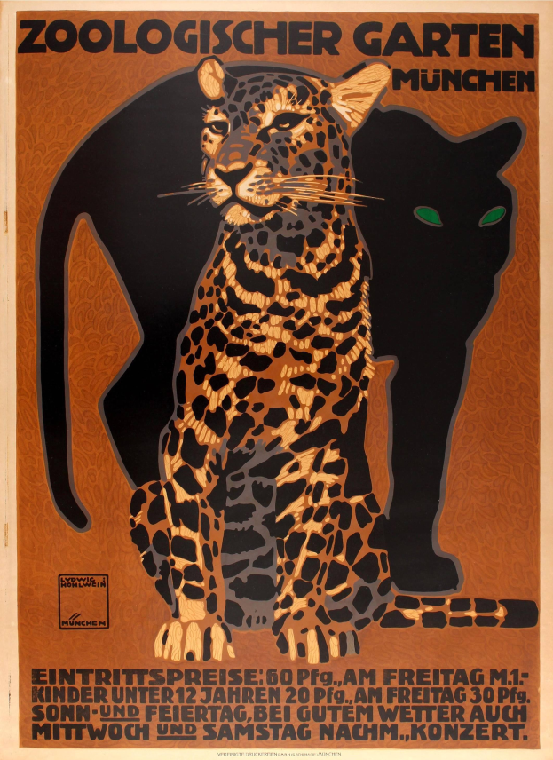 Ein Plakat, das einen Zoo in M├╝nchen, Deutschland, bewirbt und ein Leopard und eine Hauskatze zeigt, mit Text, der Informationen ├╝ber den Zoo bereitstellt.