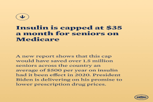 Plakat mit der Aufschrift "Insulin ist auf 35 Dollar pro Monat für Senioren mit Medicare begrenzt" mit einem Logo, das wahrscheinlich über die Insulin-Kosten für Medicare-Senioren informiert.