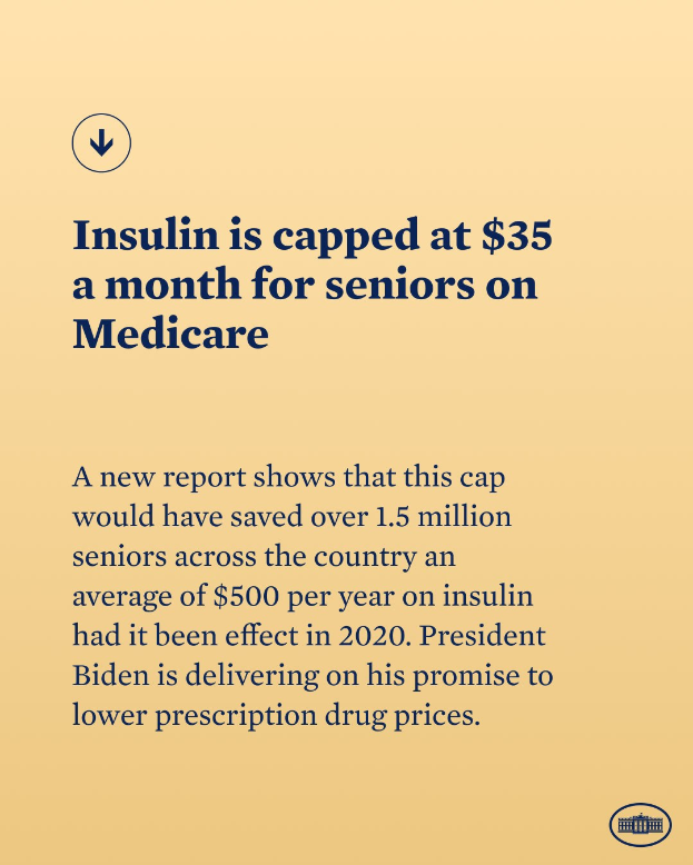 Plakat mit der Aufschrift "Insulin ist auf 35 Dollar pro Monat für Senioren mit Medicare begrenzt" mit einem Logo, das wahrscheinlich über die Insulin-Kosten für Medicare-Senioren informiert.