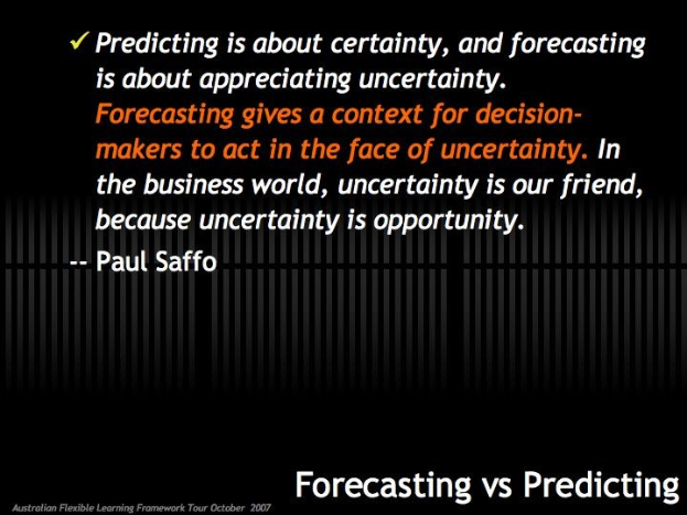 Schwarzer Hintergrund mit weißer Schrift, die folgenden Text enthält: "Forecasting vs Predicting: Predicting is about certainty, and forecasting is about appreciating uncertainty."