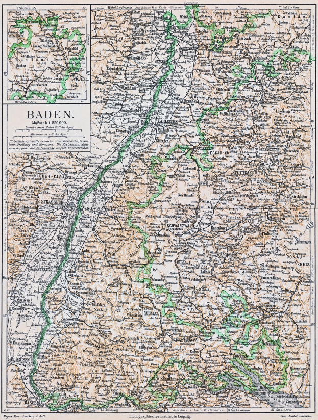 Detailreiches altes Kartenbild von Baden-Württemberg, Deutschland, mit Text oben und unten, das Straßen, Städte und geographische Merkmale zeigt.