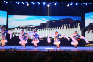 Eine Gruppe von Menschen in bunten Kleidern tanzt auf einer Bühne, beleuchtet von Scheinwerfern von oben und umgeben von Pflanzen, mit einem großen Bildschirm im Hintergrund.