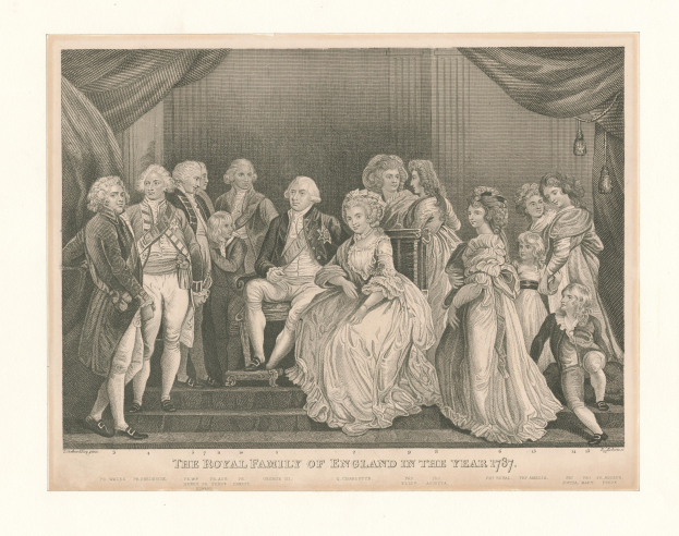 Eine Gruppe von Menschen, darunter die Königsfamilie Englands, die auf einer Treppe vor einer Vorhangwand im Jahr 1787 steht und sitzt, mit Text unten.