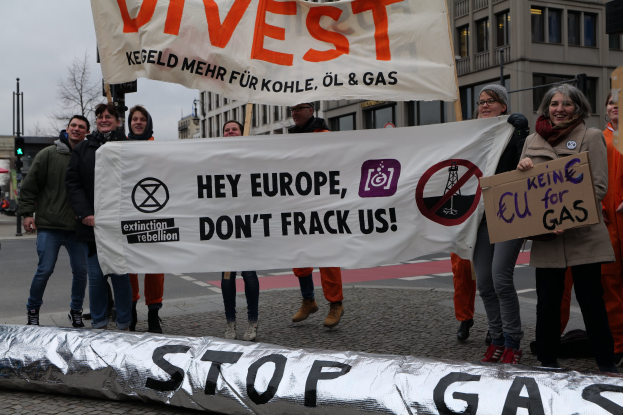 Eine Gruppe von Menschen, die auf einer Straße stehen und ein Banner mit der Aufschrift "Stoppt Gas" in Protest gegen die Europäische Union halten, mit Gebäuden, Bäumen, Pfählen, Verkehrsampeln und einem klaren blauen Himmel im Hintergrund.