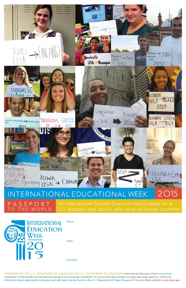 Plakat für die Internationale Bildungswoche 2015 mit einer Gruppe strahlender Menschen, die Schilder halten und Text, der Informationen zum Event enthält.