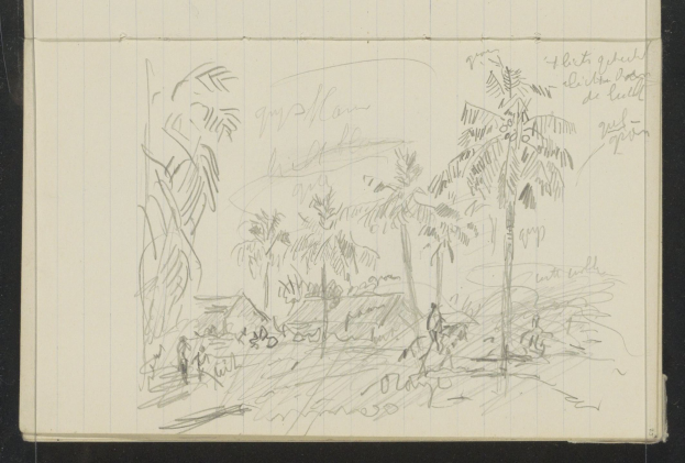 Ein offenes Skizzenbuch, das eine Zeichnung einer Gruppe von Menschen zeigt, die in einem üppigen, grünen Dschungel mit hohen Bäumen, einem tiefblauen Himmel mit verstreuten weißen Wolken und einer strahlenden Sonne stehen.