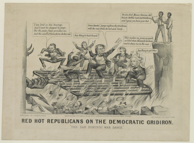 Eine politische Karikatur, die rote Figuren auf einem blauen Rasters zeigt, mit besorgten Gesichtern und erhobenen Armen, begleitet von fetter schwarzer Schrift.