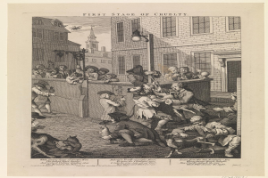 Eine Gruppe von Menschen und Tieren versammelt sich vor einem Gebäude mit Fenstern und einem Laternenmast, mit einem Himmel im Hintergrund; der Text "Erste Stufe der Grausamkeit" ist unten sichtbar.