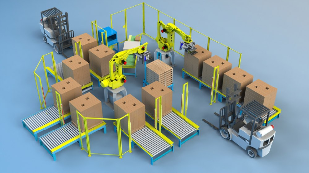 Gruppe von automatisierten Robotern auf einem Flärband in einem Lager, das Kartons mit Fahrzeugen auf dem Boden sichtbar sind.