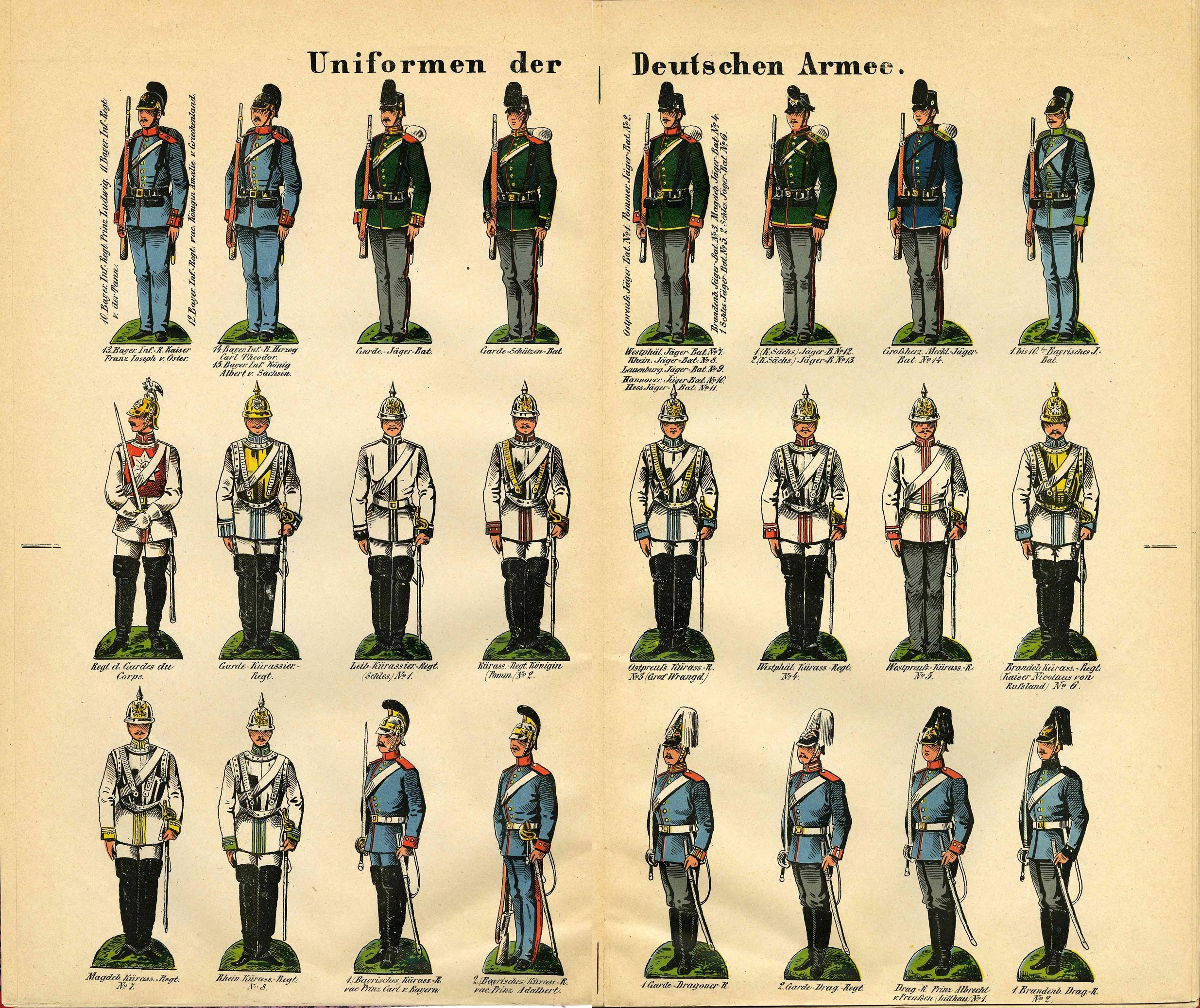 Ein Buch, das bunt gefärbte Militäruniformen der deutschen Armee mit detaillierten Helmen, Gewehren und anderen Waffen zeigt.