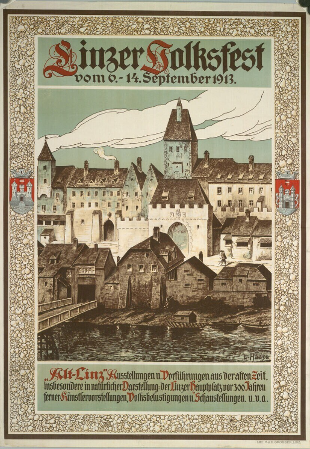 Alter deutscher Festivalplakat mit einer Burg- und Häuserillustration, begleitet von Text.