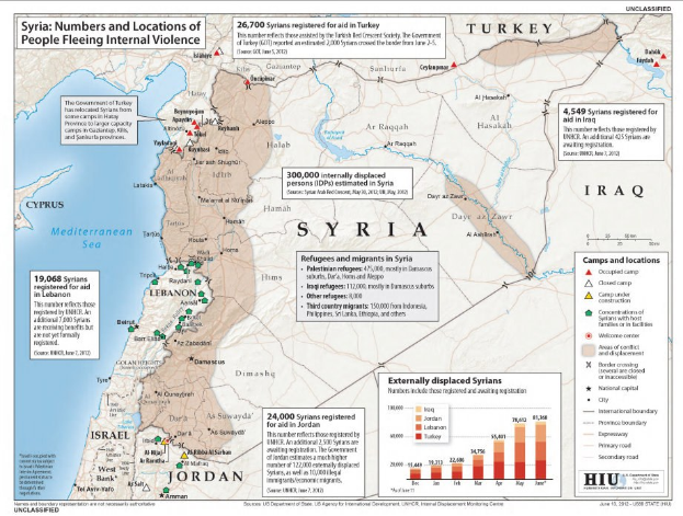 Plakat mit einer Karte von Syrien, das die Binnendifferenzierung aufgrund von Gewalt zeigt, begleitet von Text und Grafiken, die die Krise darlegen.