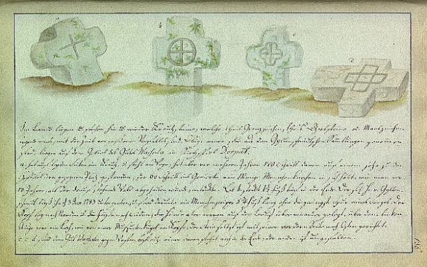 Alter deutscher Familienschrieb aus dem Jahr 1823 mit drei keltisch-stylischen Kreuzen auf vergilbtem, geschwungenschriftlichem Pergament.